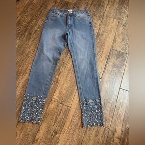 VENUS Blue Skinny Jeans with Pearl & Cutout Hem